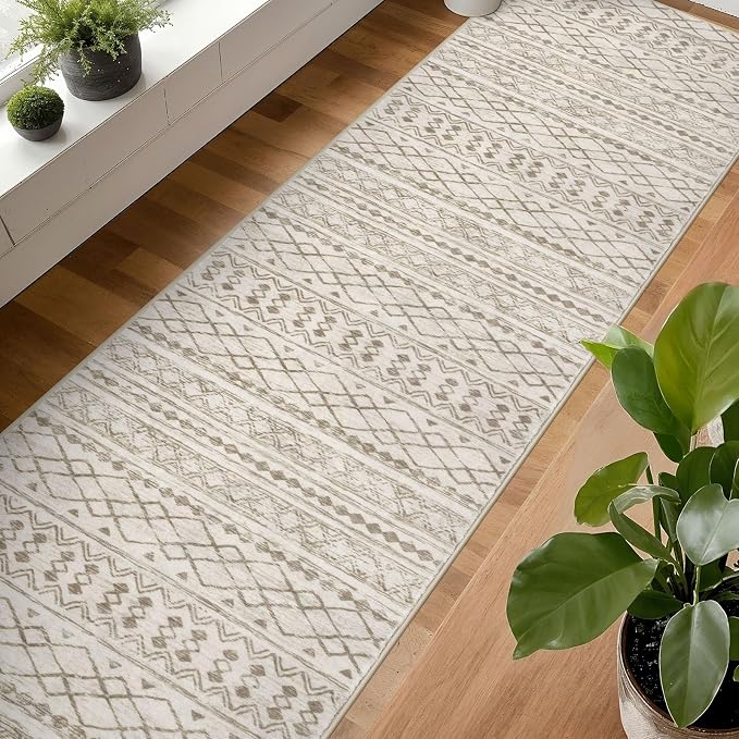 KUTA Boho Runners for Hallways 2.6x14 ft Moroccan Beige Washable Long Hall
