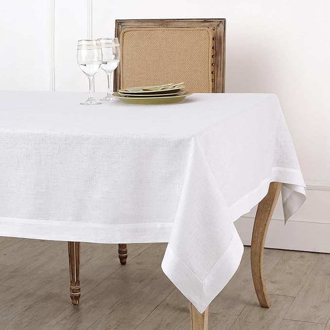 Solino Home Linen White Tablecloth 60 x 132 Inch - 100% Pure Linen Rectangular Tablecloth - Machine Washable Table Cloth for Fall, Autumn, Halloween, Thanksgiving, Christmas, Holiday - Fete