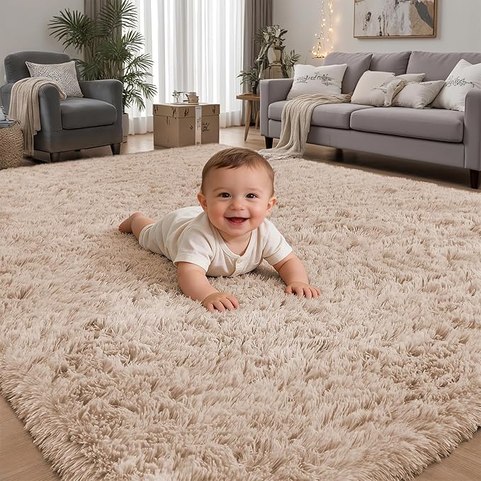 8x10 Area Rugs for Living Room Bedroom: Camel Soft Fluffy Shag Upgrade Non-Slip