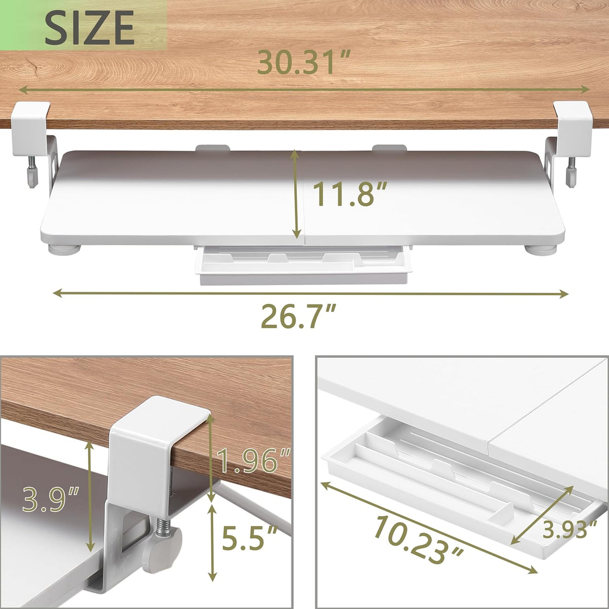 ETHU Under Desk Keyboard Tray with C-Clamp, 26.77x11.81", White