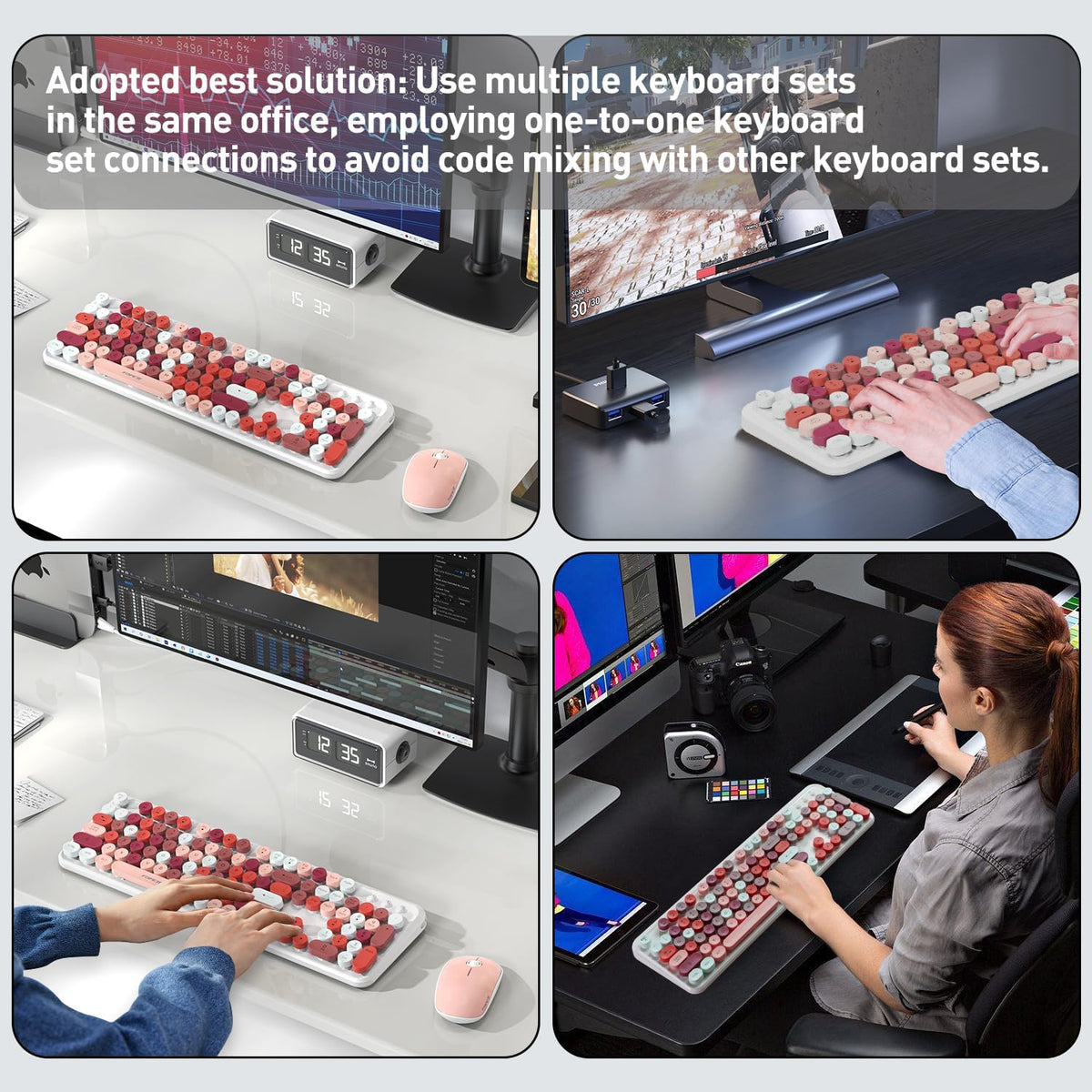 Cute Wireless Keyboard Mouse Combo,Colorful Round Keys,for Long Nails,Pink