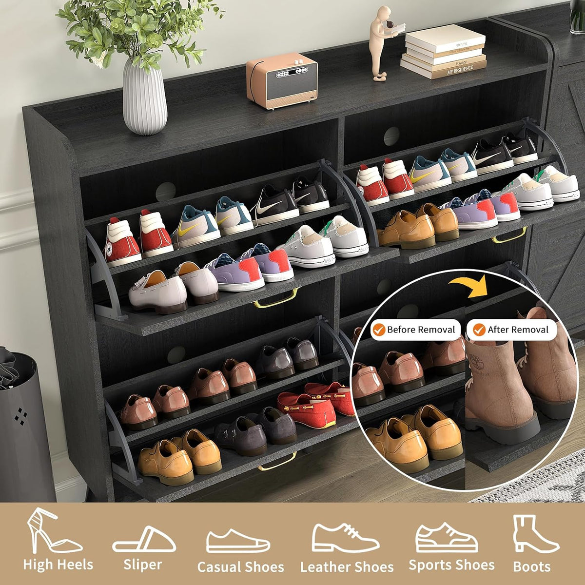 Farmhouse Shoe Cabinet Storage with 4 Flip Drawers, Black丨Shoe Cabinet for Entryway Slim, Freestanding Shoe Cabinet, Farmhouse Shoe Organizer Hidden Shoe Cabinets with Wooden Legs