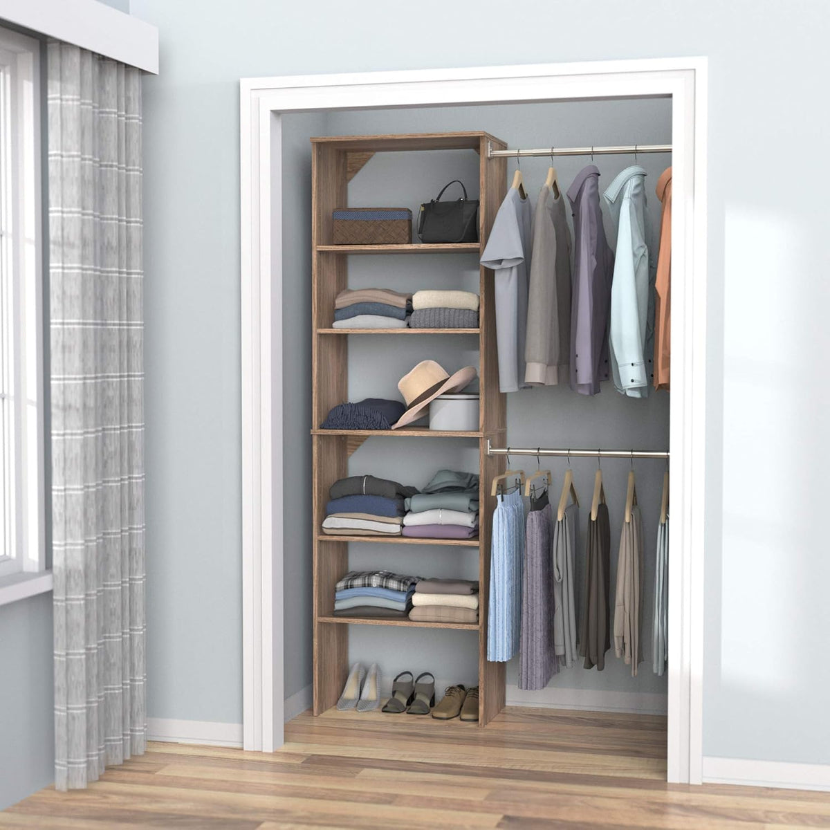 ClosetMaid SuiteSymphony Wood Closet Organizer Starter Kit with Tower and 3 Hang Rods, Shelves, Adjustable, Fits Spaces 5 – 10 ft. Wide, Natural Gray