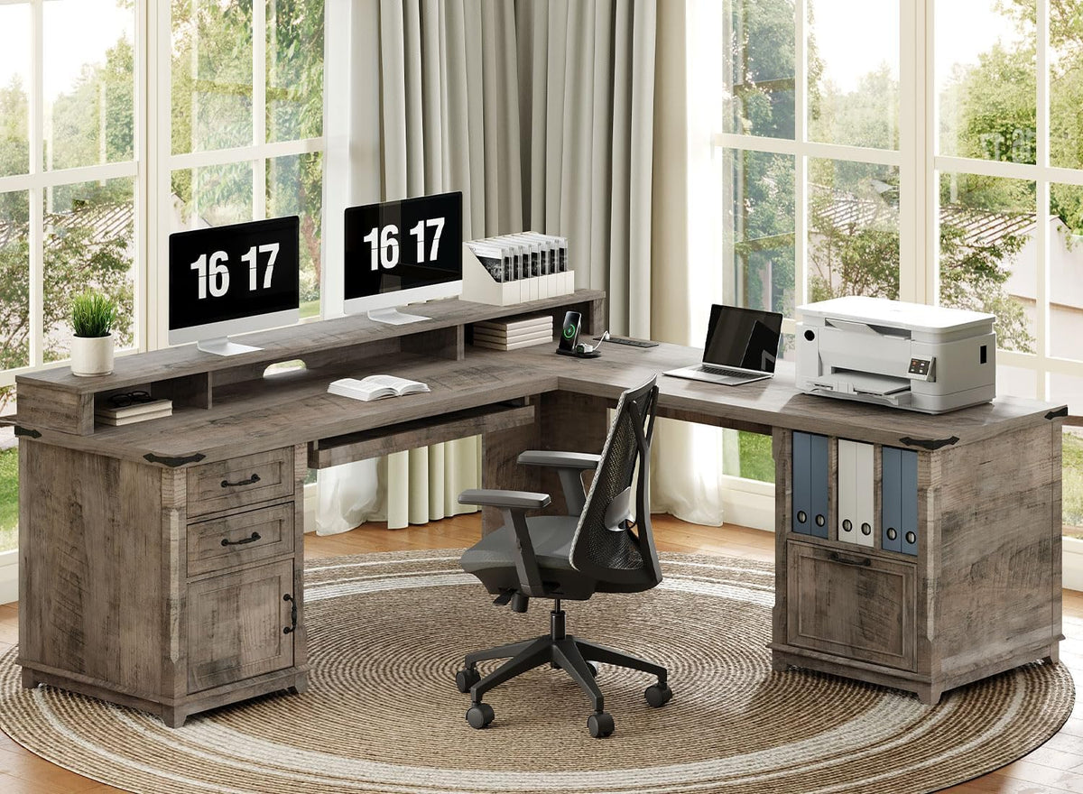 RALGEND Farmhouse 69" L Shaped Office Desk with Drawers and Storage Cabinet