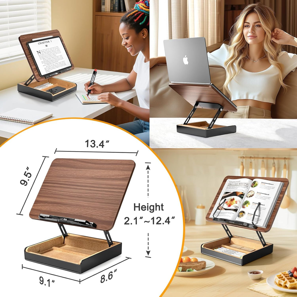 Book Stand with Storage, Book Holder for Reading Hands Free