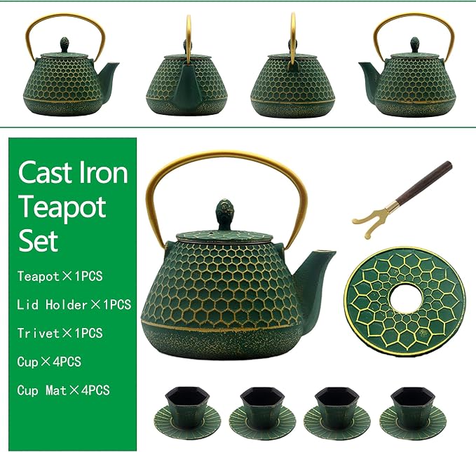 YJX Cast Iron Teapot and Tea Cups Set, 33.8oz Hexagon Pattern Tea Set