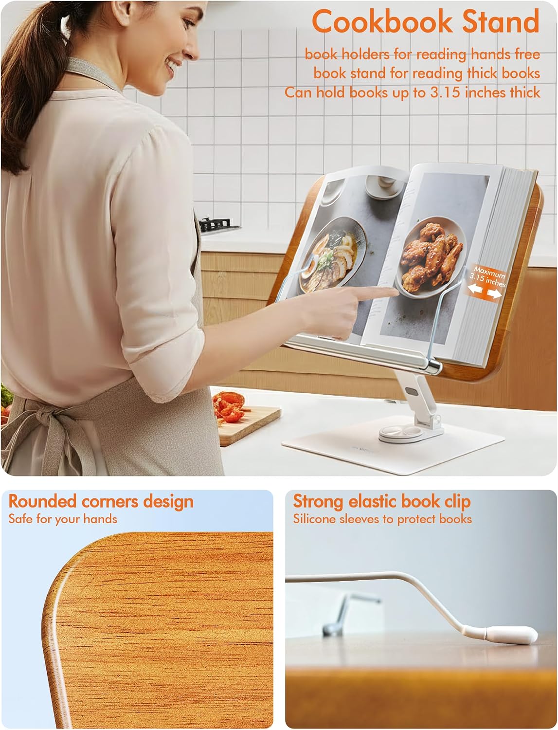 Book Stand for Reading, Adjustable Book Holder for Reading Hands Free, 360° Rotating Reading Stand, Large Rubberwood Cookbook & Bible Stand, Textbook Stand for Desk, Foldable Book Stand
