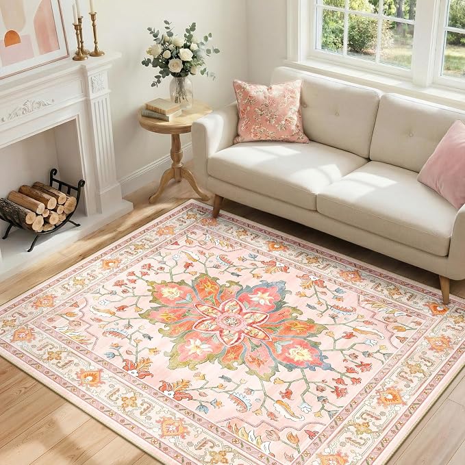 RELEANY Area Rugs 4'x6' Washable Non-Slip, Floral Vintage Distress Medallion