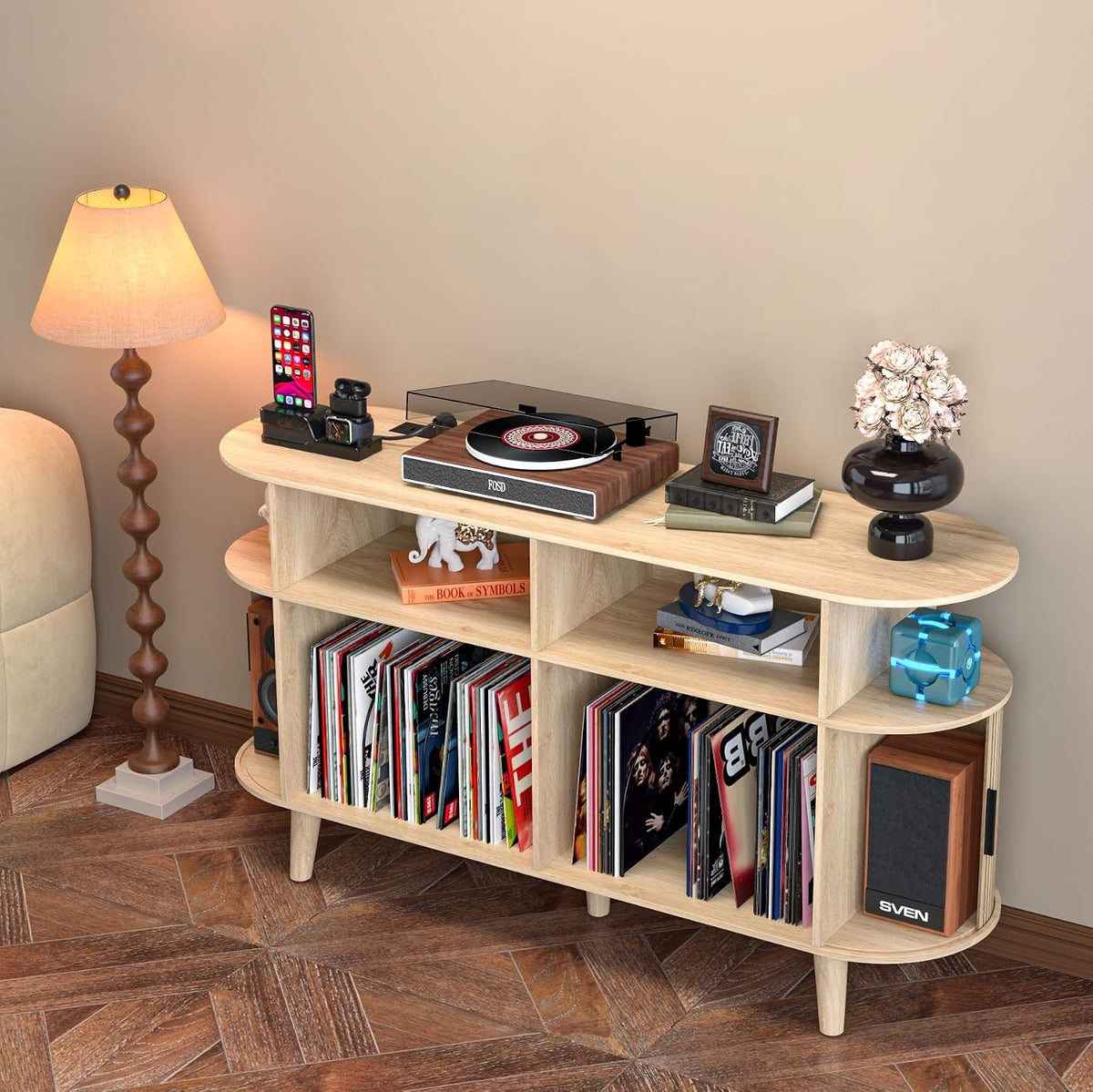 LUVIOHOME Large Round Record Player Stand with Charging Station & USB Ports