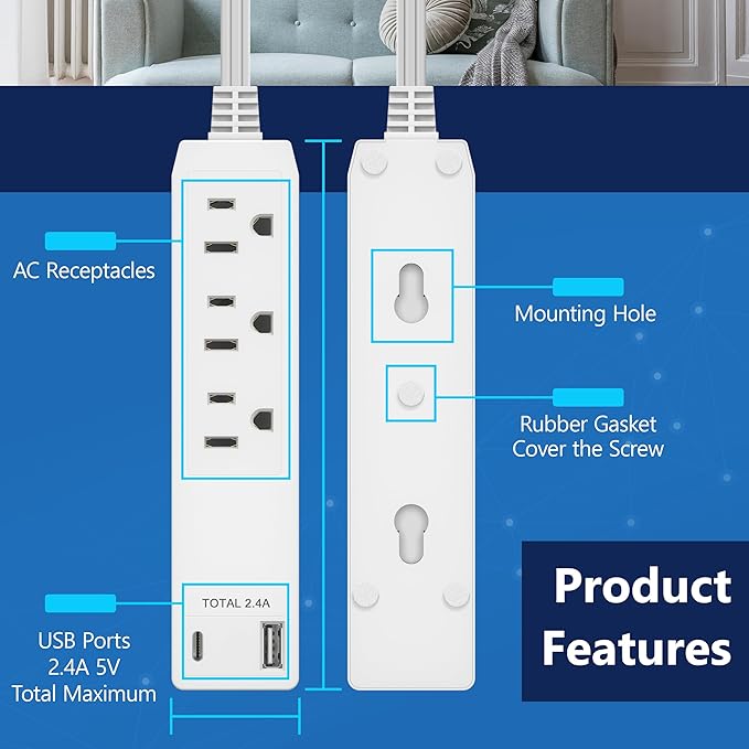 LIDER Outlet Extender with 3 Receptacles, 12W USB Type-A, and USB Type-C, USB Port, Ultra-Thin Wall Plate Plug with Cord Extender, 3-Outlet Power Strip, Flat-Face, ETL-Listed, 3ft Cord, White