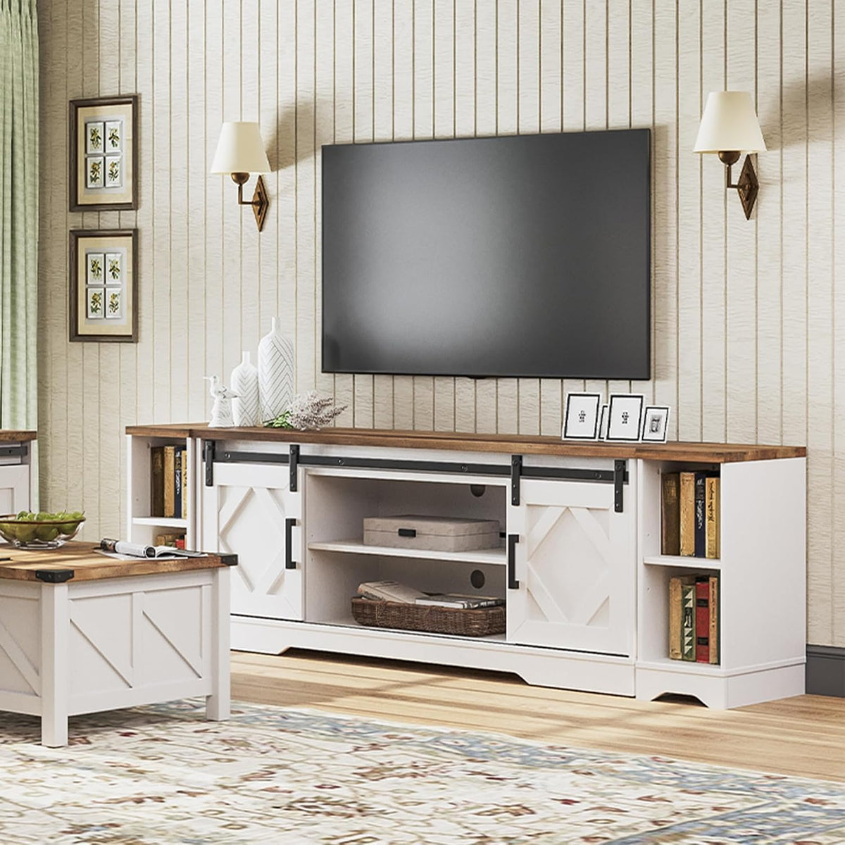WAMPAT 3-in-1 Farmhouse TV Stand for 95" TV, Entertainment Center with Barn Door Storage & Cable Management, Large Media Console for Living Room, Wooden TV Table with Short Shelves