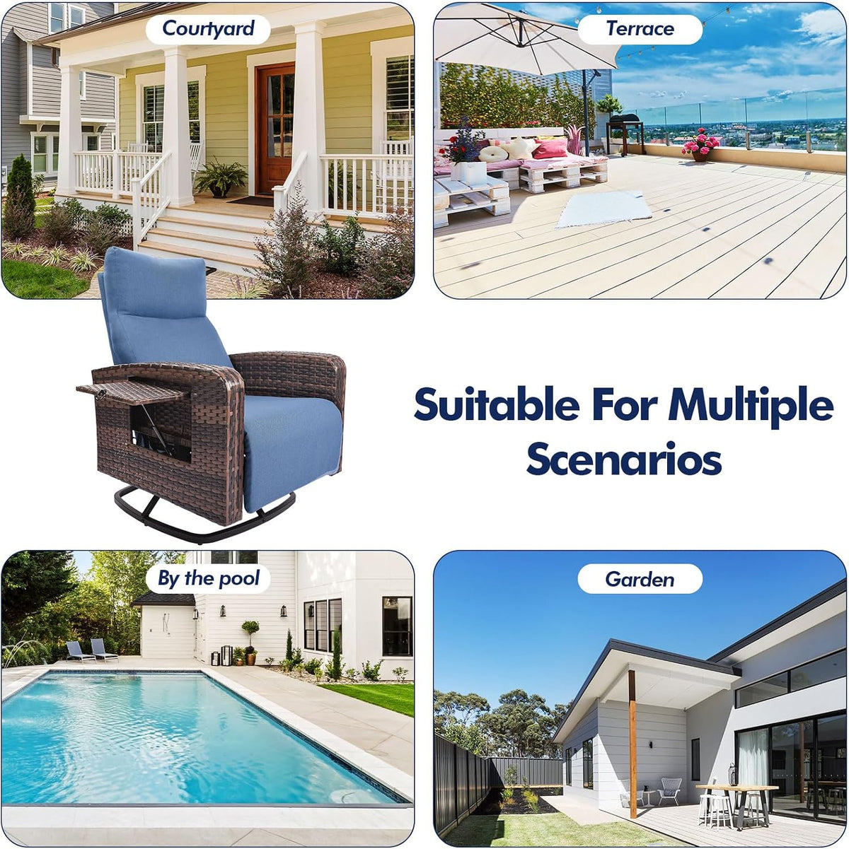ZZW Outdoor Recliner Chair Set of 2, Wicker Patio Recliners with Adjustable Backrest and Extended Foot Rest, Reclining Patio Chairs with Flip Table & Removable Cushion Cover for Porch