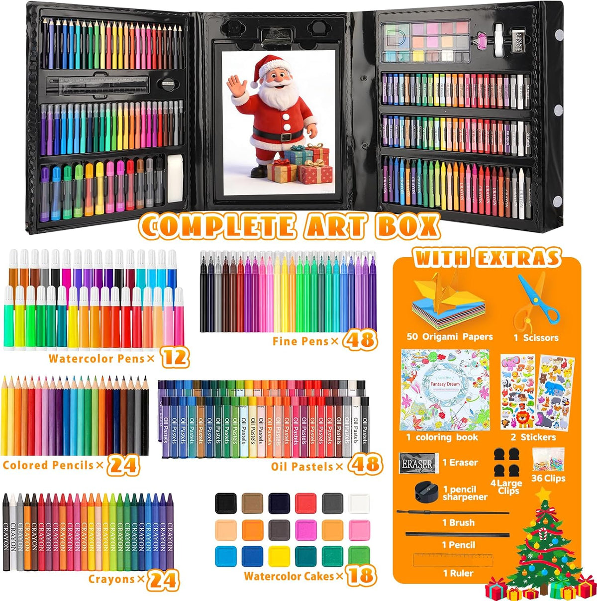 Art Supplies,297 Pack Art Set Drawing Kit for Girls Boys Artist, Deluxe Gift Art Box with Trifold Easel,Includes Oil Pastels, Colored Pencils, Coloring Book, Scissors, Apron,Origami Paper 40 Sheets