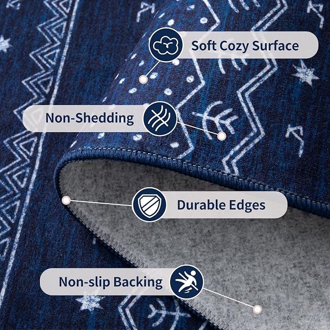 SERISSA 2x5 Kitchen Runner Rug, Washable Non-Slip Blue and White Boho Rug