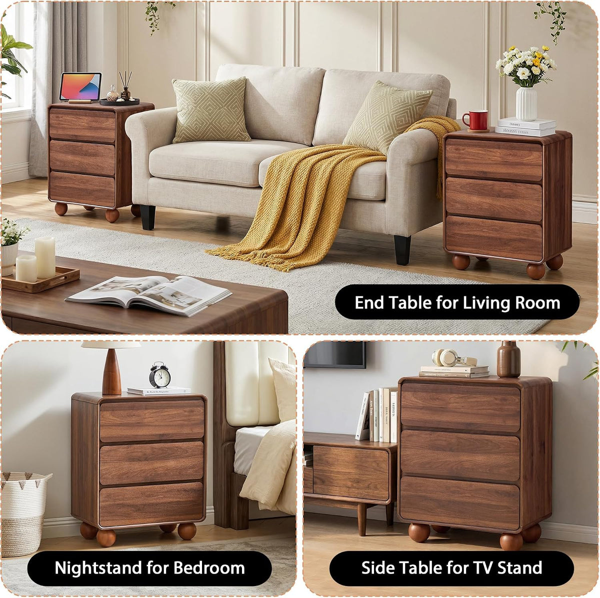 AVZEAR Modern 3 Drawer Dresser for Bedroom, Wooden Dresser Chest of Drawers, Handle Free & Curved Profile Design, Mid Century 3 Drawer Nightstand for Living Room, Walnut