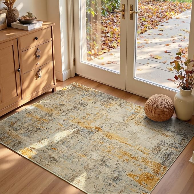 Entryway Rug 3x5 Beige Bedroom Area Rug Washable Non Slip Abstract Boho Rugs