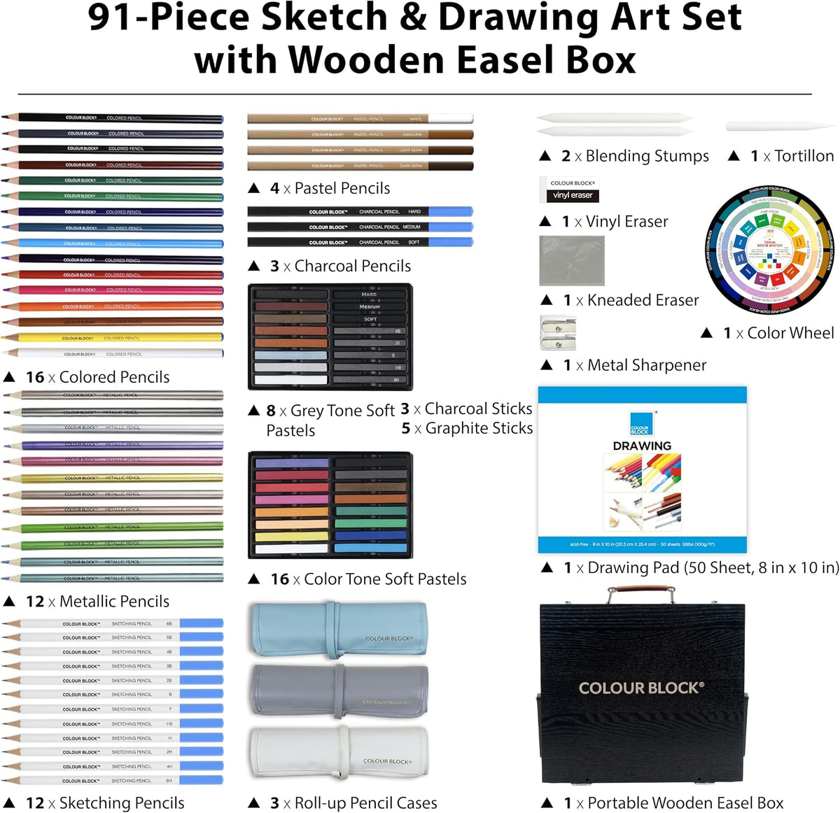 COLOUR BLOCK 91-PC Sketching & Drawing Set in Wooden Easel Case – All-in-One Mixed Media Art Supplies with Colored, Metallic, Charcoal & Pastel Pencils, Soft Pastels, Essential Tools and Drawing Pad