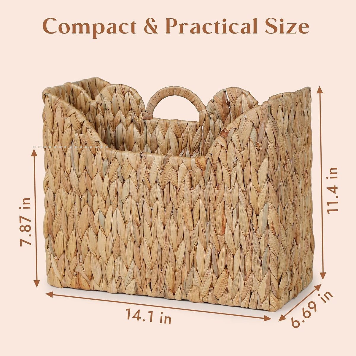 YANGQIHOME Wicker Magazine Holder, Handwoven Water Hyacinth Magazine Basket, Scalloped Book Basket with Handle, Divided Magazine Rack for Office, Bathroom, Living Room