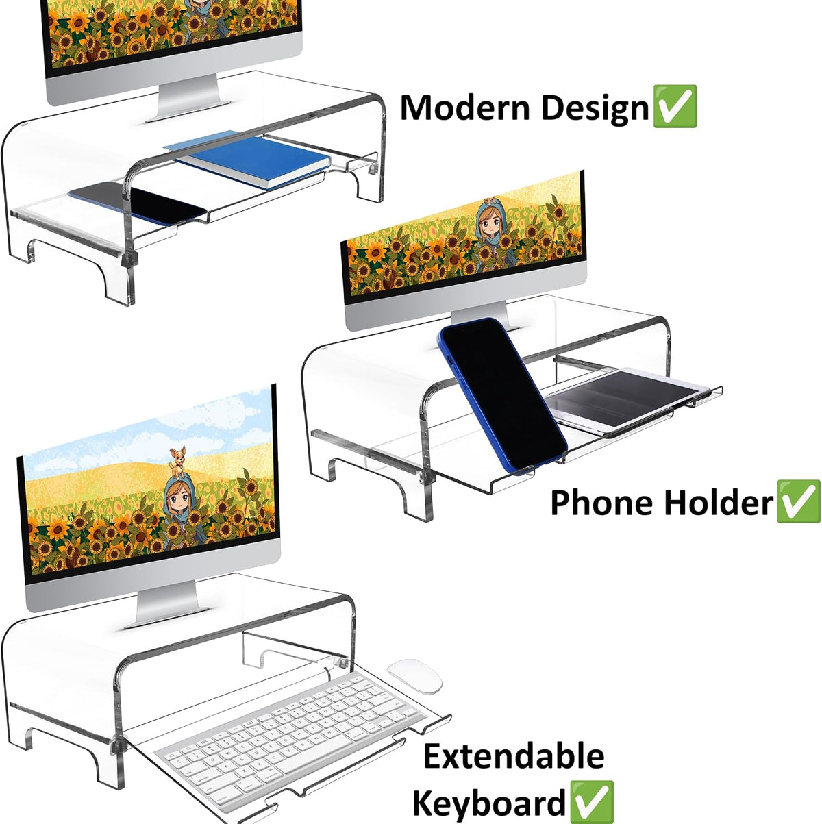 AMT 2 Tier 5.7 Inch High Acrylic Laptop Monitor Stand & Computer Riser with Cat Keyboard Protector, Space-Saving Design, Extra Storage, Clear Shelf - Ideal for Monitors, Laptops, Printers, Desktop