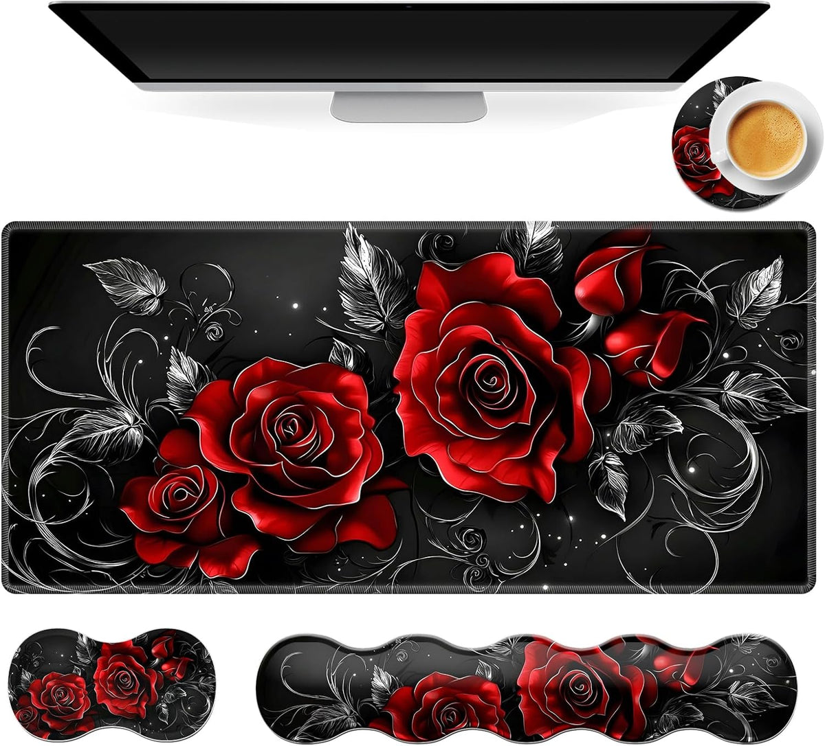 Gaming Mouse Pad Set, Swirl red Roses Large Desk Mat Mousepad, Keyboard Wrist Support, Mouse Wrist Rest, Coaster 4in1 Ergonomic Memory Foam, Non-Slip Stitched Edge for Home Office