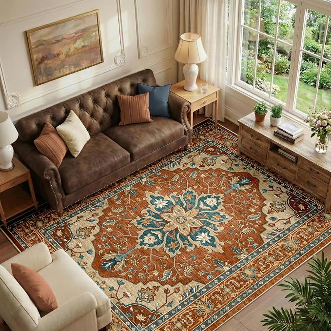 RELEANY Area Rugs 6'x8' Washable Non-Slip, Floral Vintage Distress Medallion