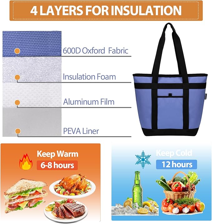 Insulated Cooler Bag, Reusable Grocery Bags for Hot/Cold Food, Thermal Food Delivery Bag for Beach, Travel, Picnics