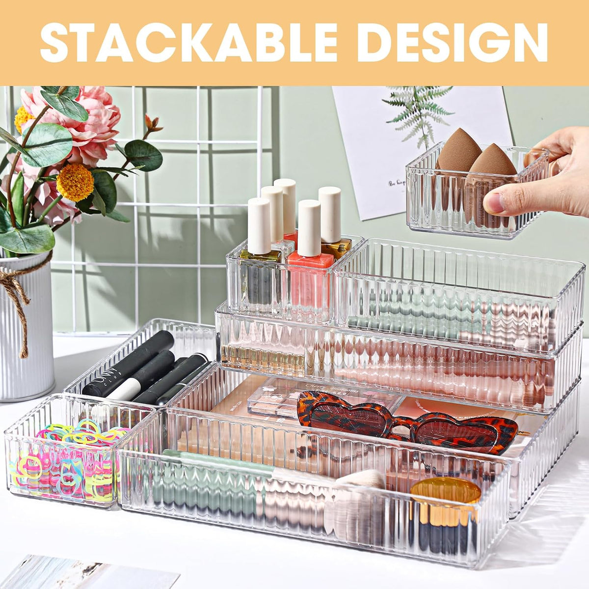 Teenyyou 18 Pcs Stackable Acrylic Drawer Organizer, 4 Size, Clear, Stripes