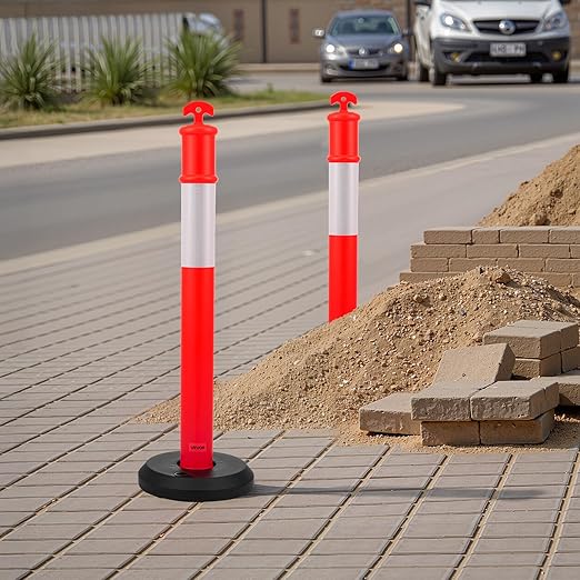 VEVOR 6 Pack Traffic Delineator Posts, 48 inches Traffic Safety Cones with Fillable Base and Reflective Strips, Heavy Duty Delineator Posts for Construction Site, Parking Lot, Crowd Control, Red