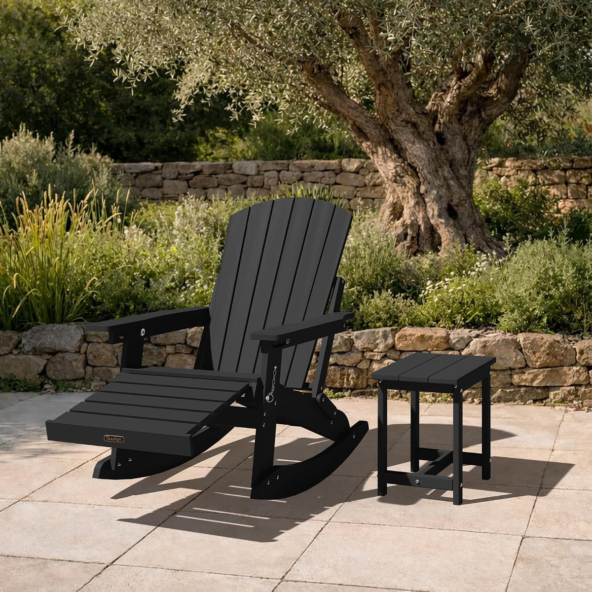 4-in-1 Rocking Adirondack Chair Set of 2, HDPE, Footrest, Black
