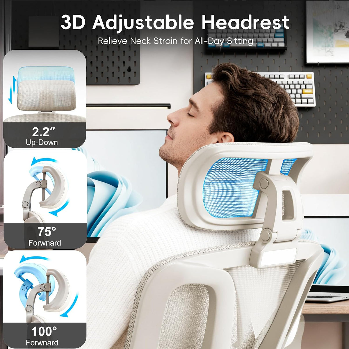 Vonesse Ergonomic Office Chair with Footrest, Desk Chairs with Dynamic Lumbar Support & Adjustable Depth Breathable Mesh Seat, Computer Gaming Chair with Adjustable 3D Headrest and Armrests (White)