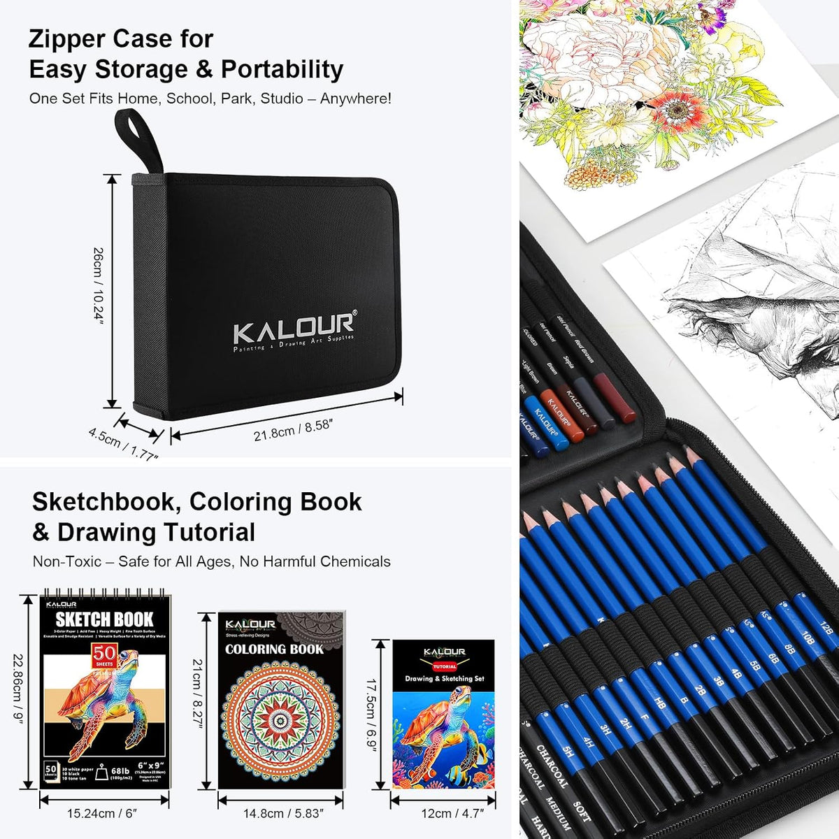 KALOUR PDAS 127 Drawing Set Sketching Kit, Pro Art Supplies with 3-Color Sketchbook & Coloring Book, Neon, Colored, Watercolor, Metallic, Graphite, Charcoal Pencils, Gift for Artists Adults Teens