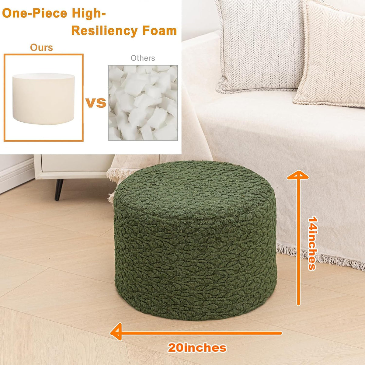 Poofieotto Round Pouf Ottoman, Couch Footrest,Forest Green, 20 x 20 x 14 in