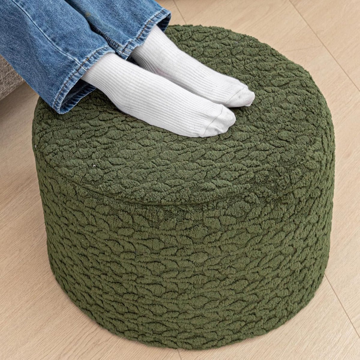 Poofieotto Round Pouf Ottoman, Couch Footrest,Forest Green, 20 x 20 x 14 in