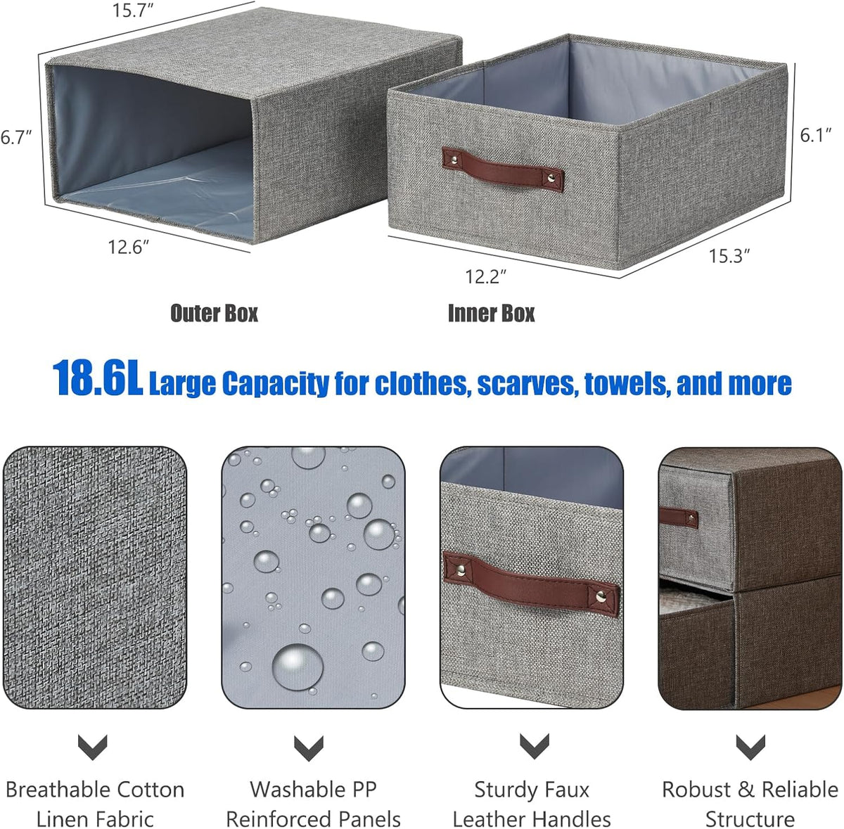 2PCS Closet Drawer Organizer Fabric Storage Boxes Bins Baskets