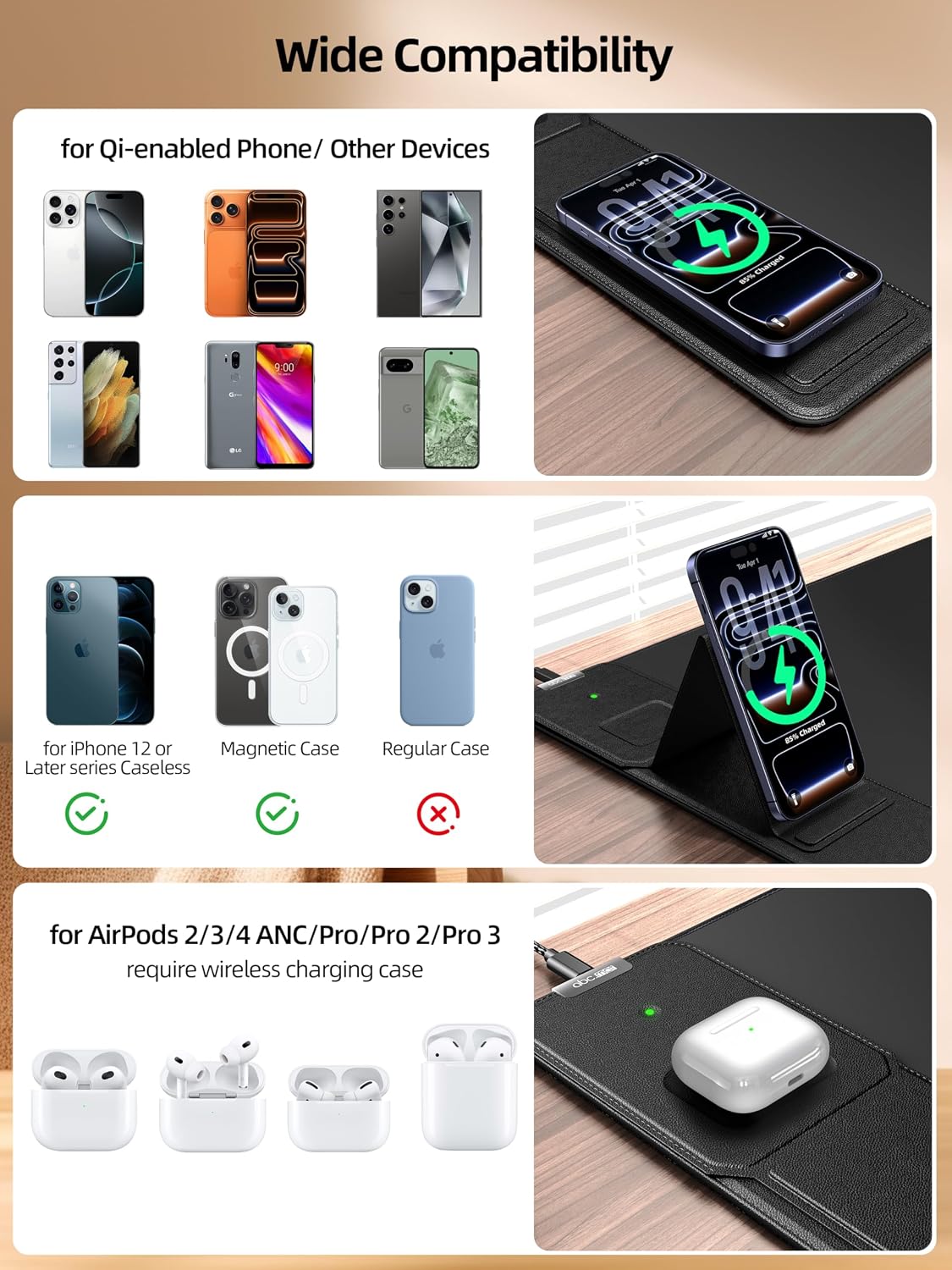 Mouse Pad with Magnetic Wireless Charging & Adjustable Phone Stand, 31.5"x15.8" Extended Desk Mat, Waterproof Ultra-Smooth Keyboard Pad, Non-Slip Base, with 20W PD Adapter, Black