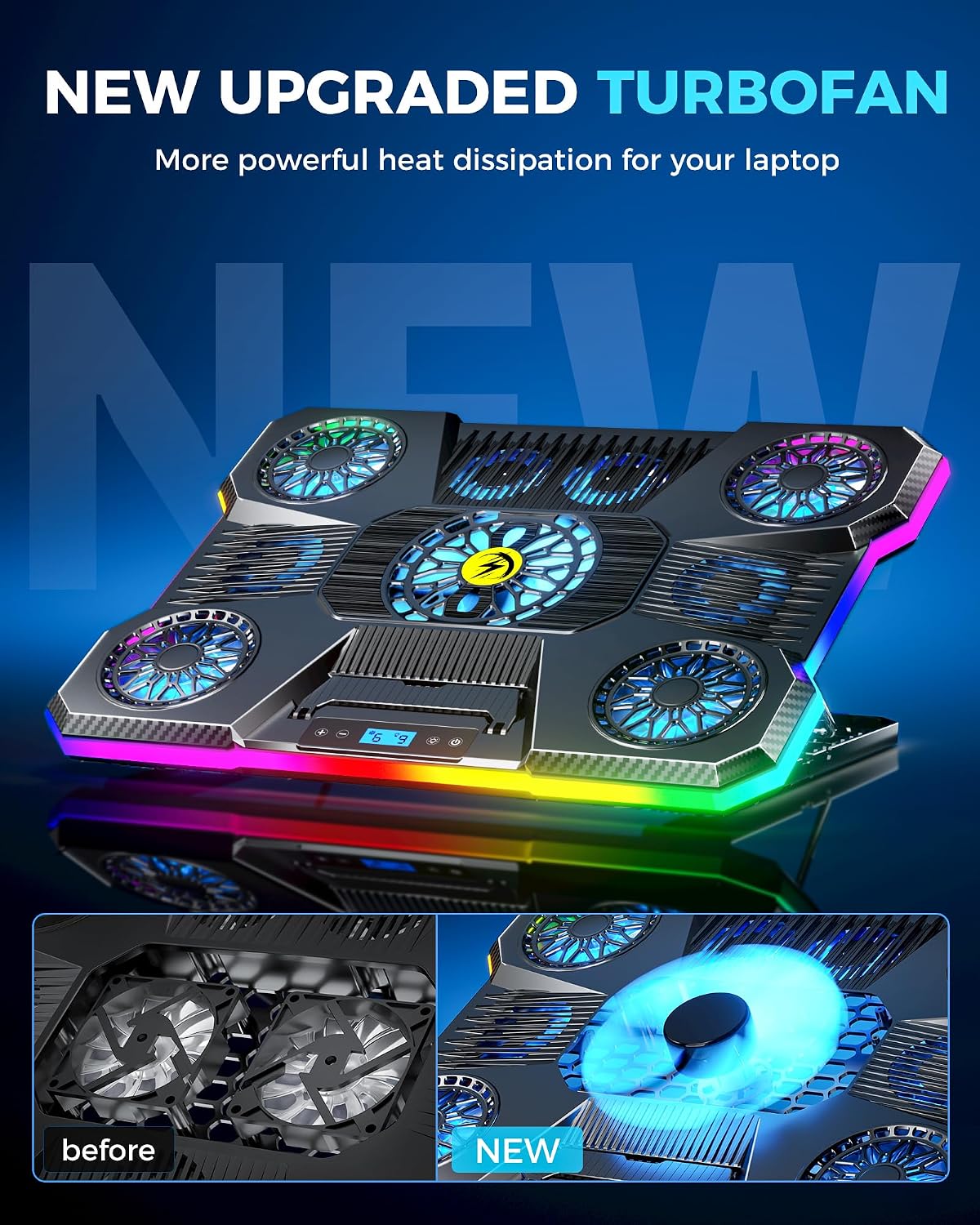 ChillCore Laptop Cooling Pad, RGB Lights Laptop Cooler 9 Fans for 15.6-19.3 Inch Laptops, Gaming Laptop Fan Cooling Pad with 8 Height Stands, 2 USB Ports - A21 Blue