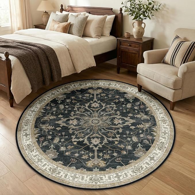 RELEANY Area Rugs Round 5ft Washable Non-Slip, Floral Vintage Distress