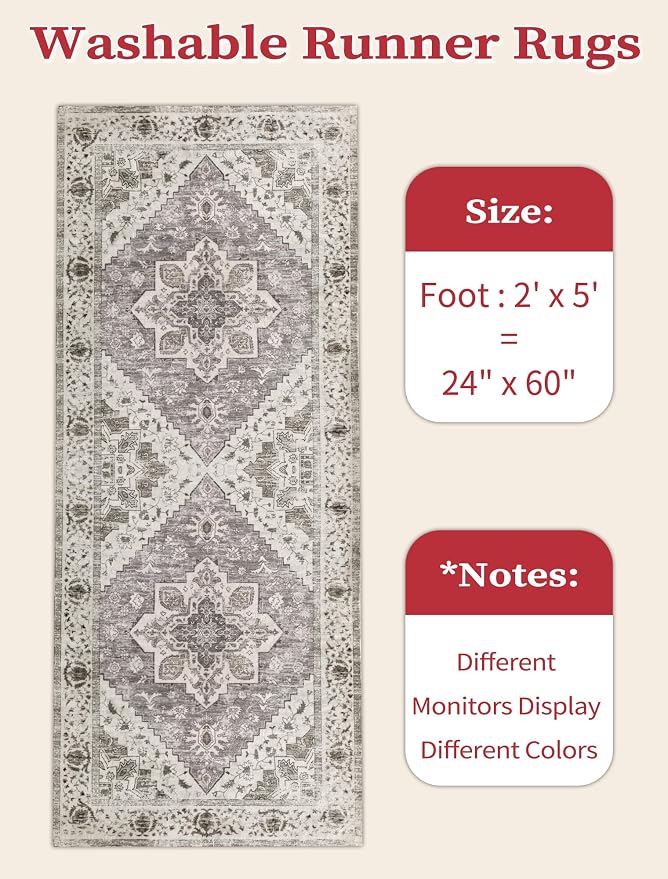 SERISSA Boho Washable Runner Rug, 2x5 Rug Non-Slip Vintage Earth Tone Hallway
