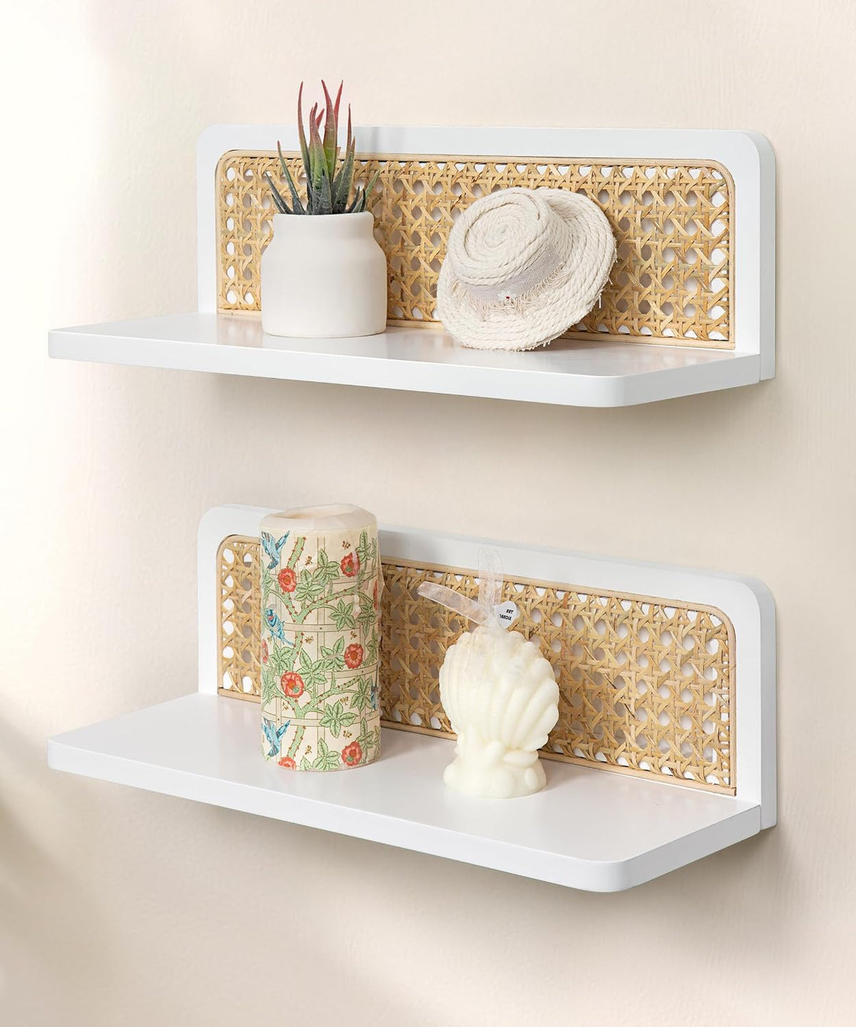 Maxpeuvon Rattan Floating Shelves for Wall Set of 2, White Wall Shelves