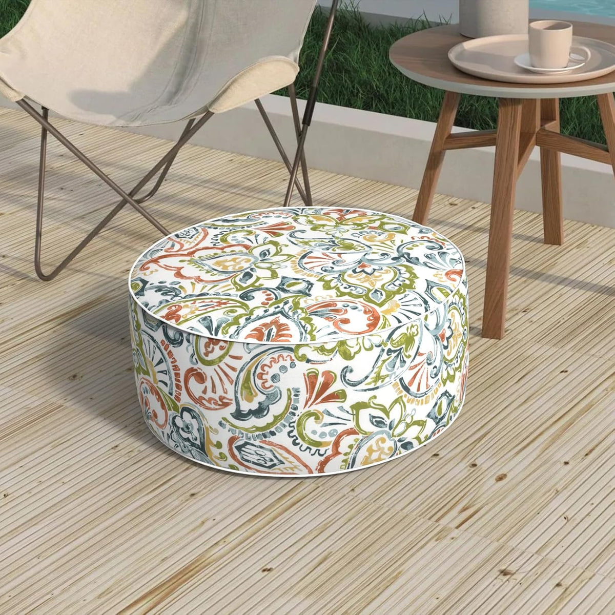 Outdoor Patio Inflatable Ottoman, 21x9 Inch Portable Stool Ottoman with Handle, Round Footrest Stool for Home Garden Camping, Paisley Botanical
