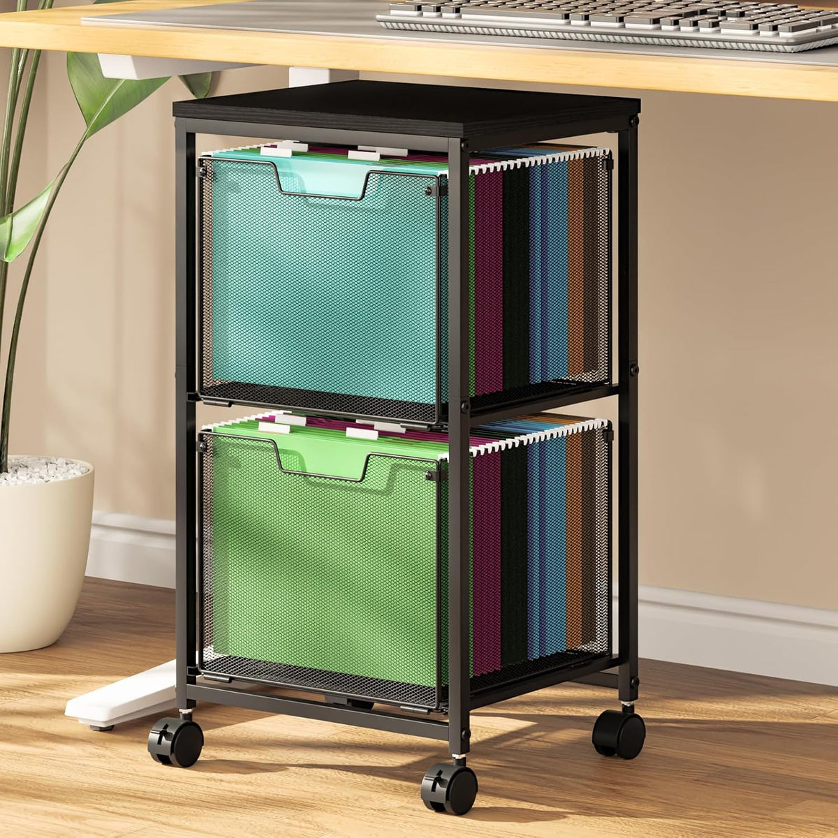 Sbanmao Rolling File Cart with 2 Storage Drawers, Mobile File Cabinet with Wheels, Hanging File Folder Organizer, Under Desk Storage, Printer Stand Utility Cart Filing Cabinet for Home Office,Black