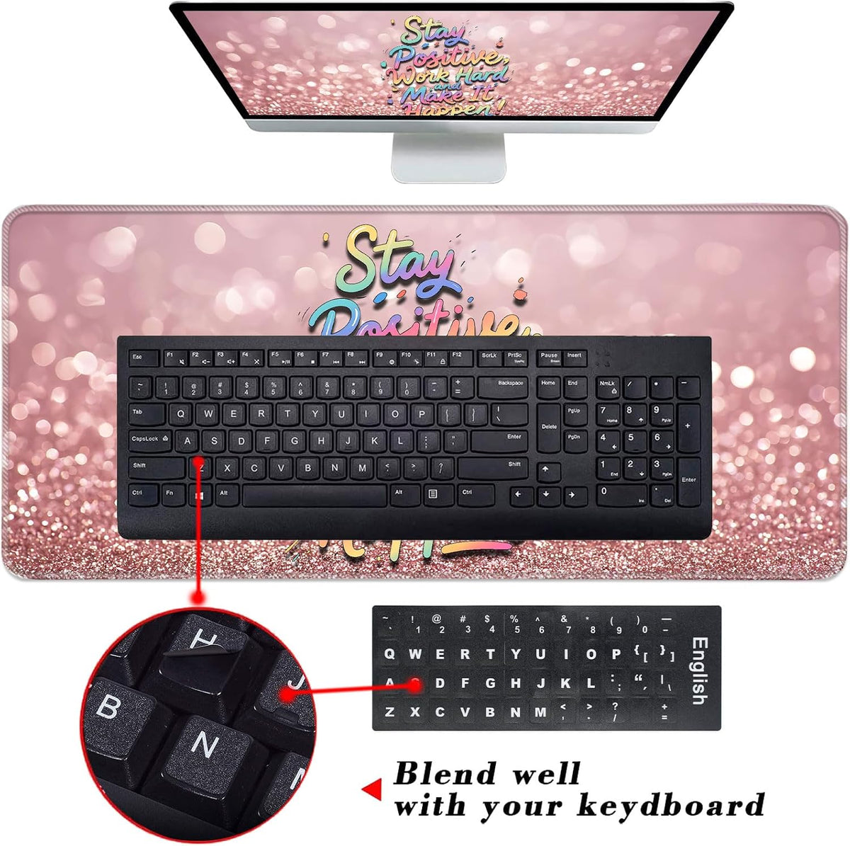 Keyboard Wrist Rest and Mouse Pad with Wrist Support Set Ergonomic Coaster,Memory Foam,Easy Typing Pain Relief,XL Desk Mat 31.5"x 11.8",Stay Positive Work Hard and Make It Happen Inspirational Quotes