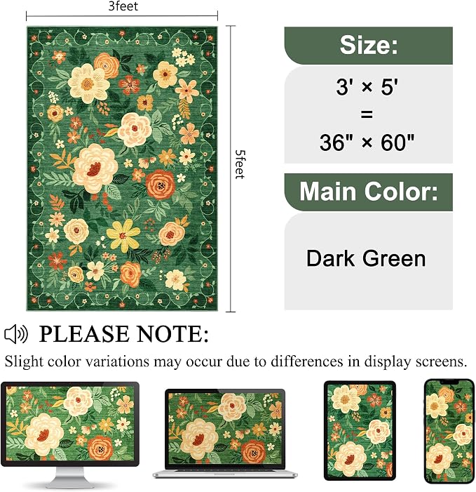 DUKINO 3x5 Area Rug, Floral Rugs