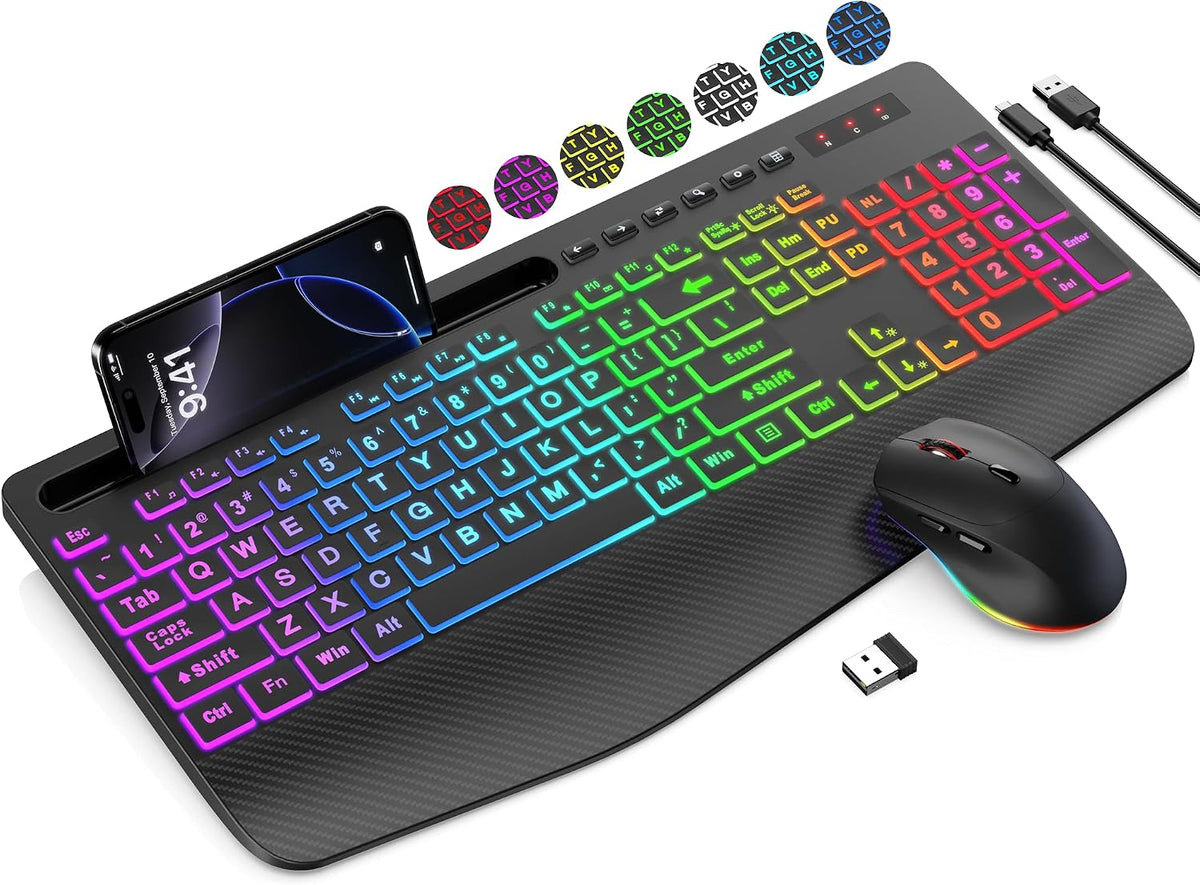 SABLUTE Wireless Keyboard and Mouse Combo, 9 Backlit Effects, Large Print