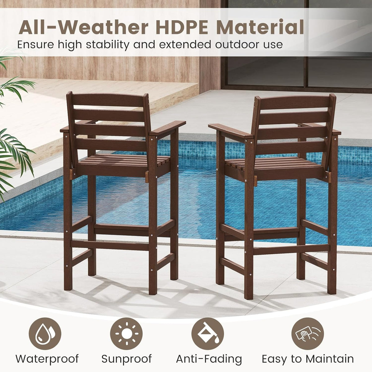 Tangkula Patio Adirondack Chairs Set of 2, HDPE Bar Height Chair with Wide Armrests & Footrest, Outdoor High-Top Slatted Bar Chairs with Backrest for Backyard, Lawn, Poolside (Brown)