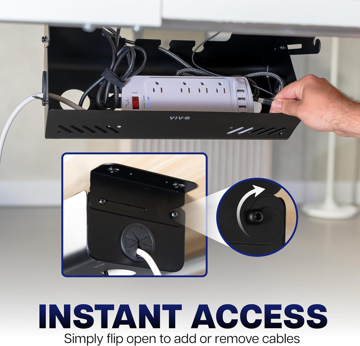 VIVO Black Screw-On Flip-Open 19 in Cable Management Box, DESK-ACMB20-S
