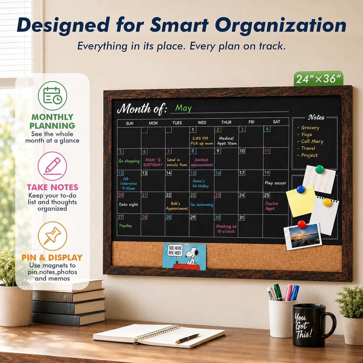 GOTIDEAL Chalkboard Calendar 36"x 24" Magnetic Chalk Calendar for Wall