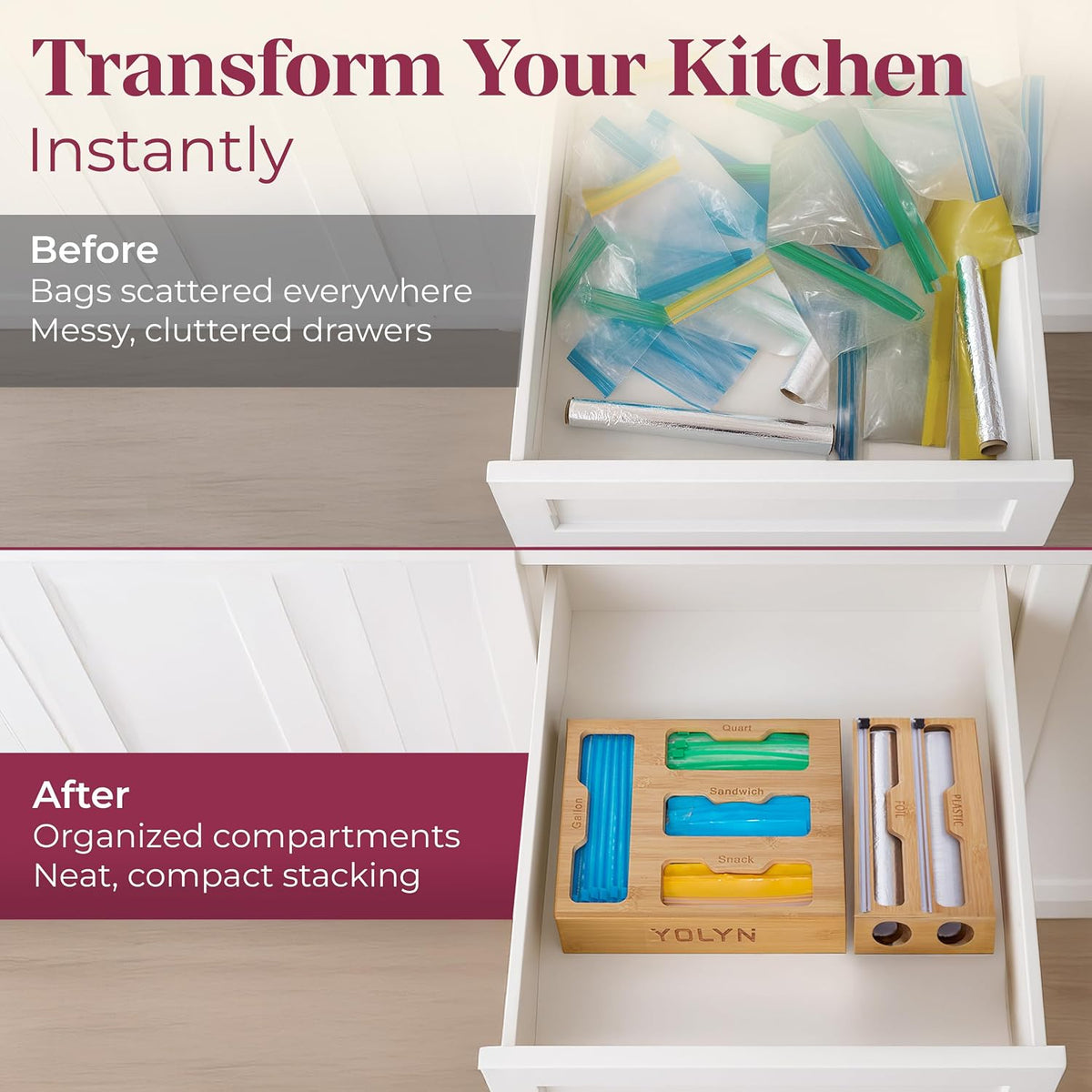 Bamboo Food Storage Bag Organizer for Drawer with Foil & Plastic Wrap Dispenser – Premium Detachable Kitchen Organizer for Gallon, Quart & Sandwich Bags