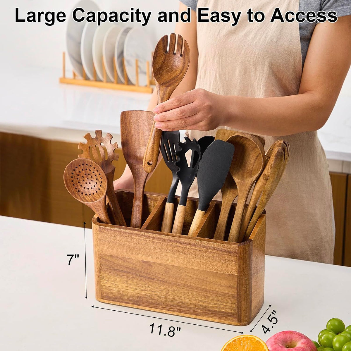 Wooden Utensil Holder for Kitchen Counter, Acacia Wood Kitchen Utensil Holder for Countertop with 4 Compartment, Cooking Utensil Organizer, Silverware Caddy (Acacia Wood, 3Compartment)