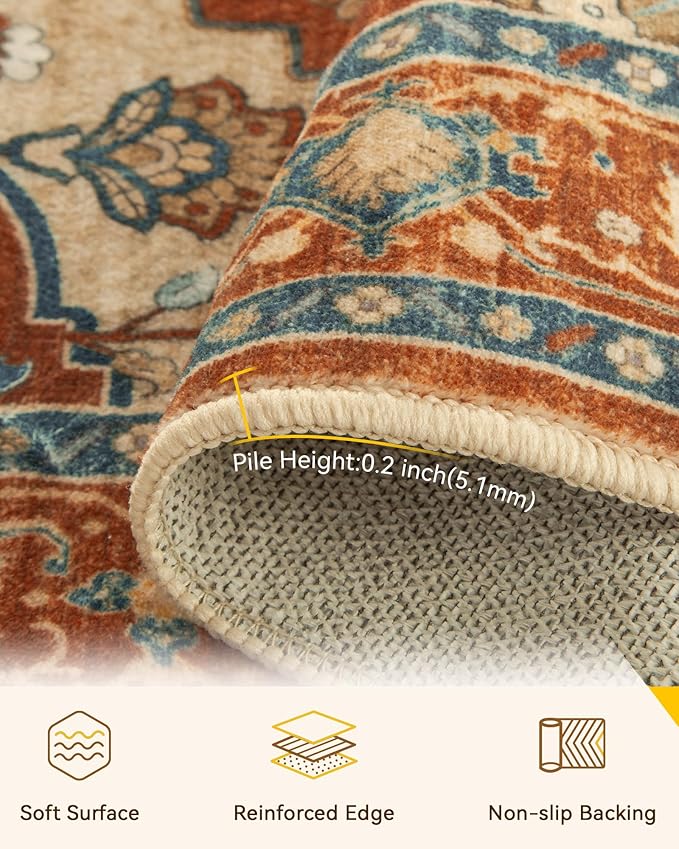 RELEANY Area Rugs Round 6ft Washable Non-Slip, Floral Vintage Distress
